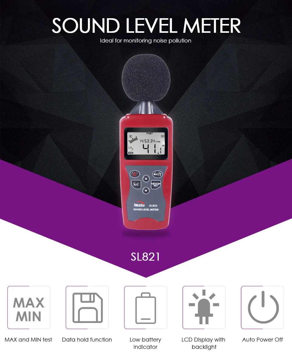 Nicetymeter SL821 30-130dBA портативный цифровой звук шум аудио измеритель уровня измерения децибел Давление логгер-тестер монитор