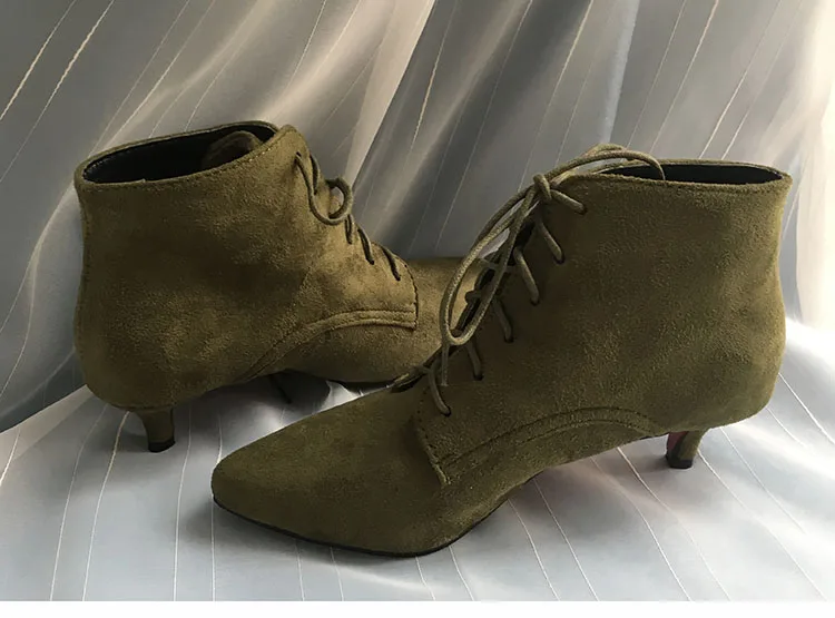 Женские ботинки на шнуровке цвета хаки г. Новая женская обувь больших размеров, женская обувь с острым носком на тонком среднем каблуке флок PHOENTIN PH061