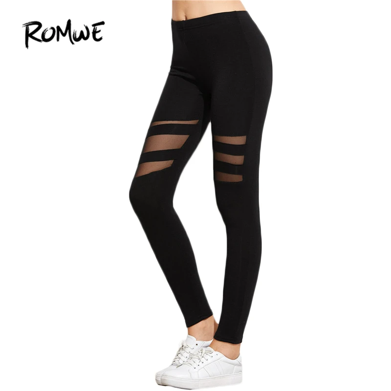 

ROMWE Black Mesh Insert Casual Fitness Leggings Workout Clothes Women High Quality Fashion Women Leggings