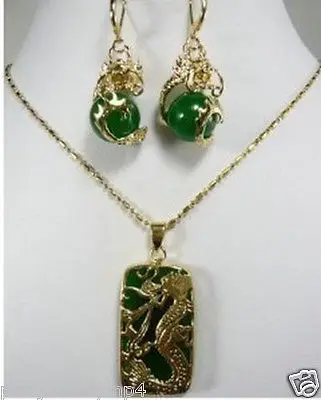 

Jewelry Green jade Dragon Pendant necklace earring 18KGP set AAA style 100% Natural jade Noble Fine jewe