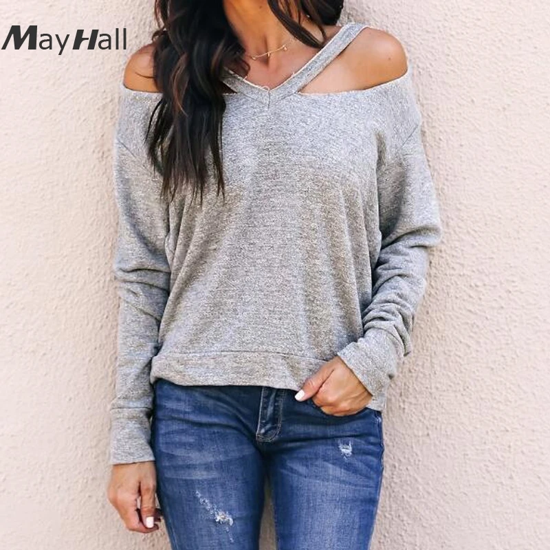 

MayHall Cold Shoulder Casual Sweatshirts Women Autumn Long Sleeve Pullover Solid Pullover moletom feminino MH367