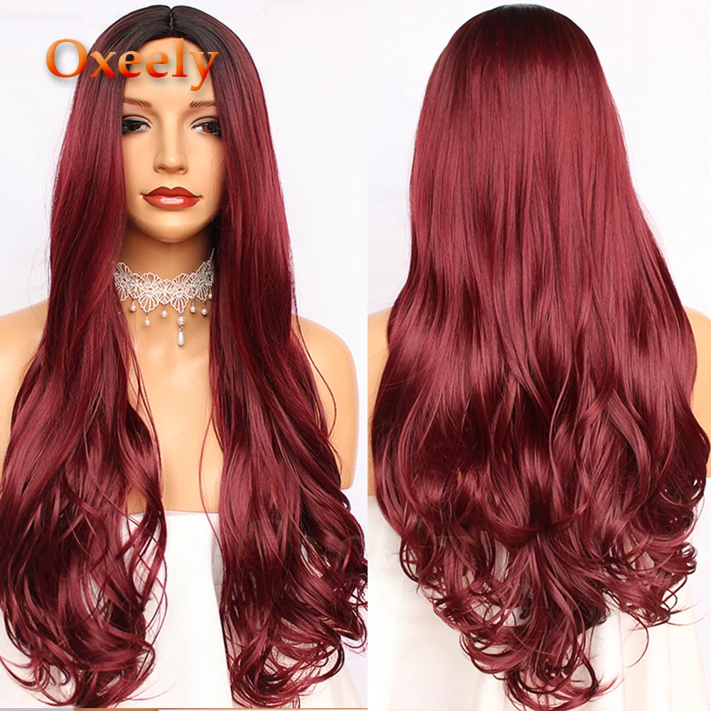 

Oxeely Burgundy Long Wavy Hair Synthetic Hair Full Wig Red Natural Body Wave None Lace Wig Heat Resistant Deep Parting for Women
