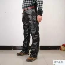 Большие размеры, зимние уплотненные свободные прямые мотоциклетные теплые кожаные брюки, мужские кожаные брюки для пожилых мужчин, черные повседневные