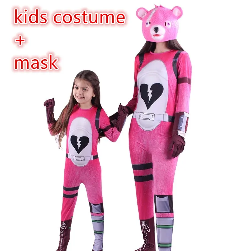

Game Battle Royale Pink Bear Team Leader Skin Jumpsuit Halloween Unisex suit Cosplay Costumes Latex Masks For Kids Boys Adults