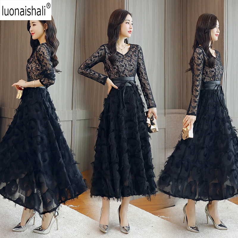 

2018 autumn women sexy lace dress fashion hollow out dresses tassel feather casual slim vintage party vestidos with PU sashes