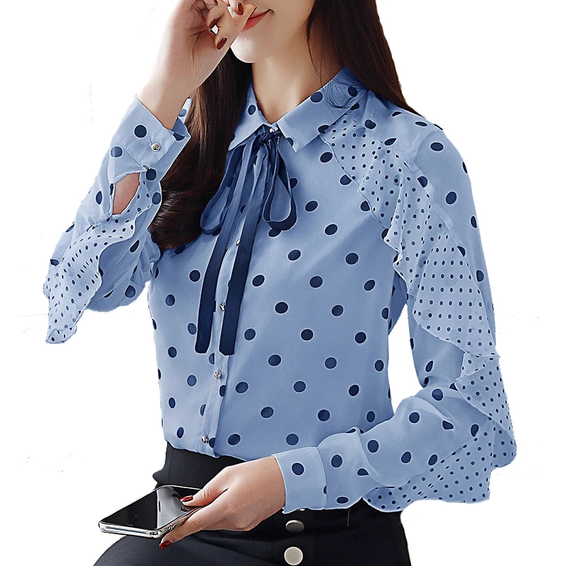 

Women's Shirt Wave Print Bow Chiffon Blouse Wave Slim Shirt Female Spring Fashion Long Sleeve Shirts Blusas Mujer De Moda 2018