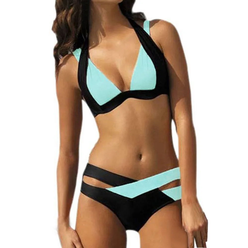 Бикини размера плюс, купальник для женщин, пляжная одежда, комплект бикини, пляжный комплект из двух частей, бандаж, пляжные костюмы из двух частей, сексуальный комплект бикини S-3XL - Цвет: Sky Blue