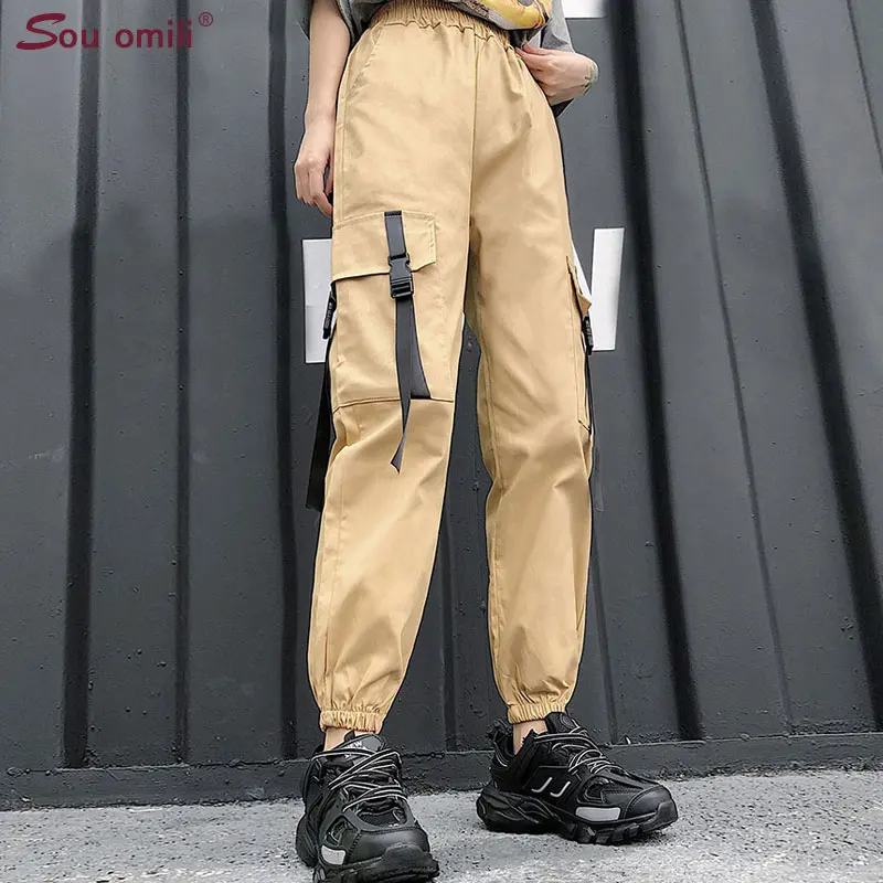 

Green Cargo Pant Wide Leg Pockets women pants pantalones Streetwear High Waist Pants Drawstring Ankle Length Loose Harem pants