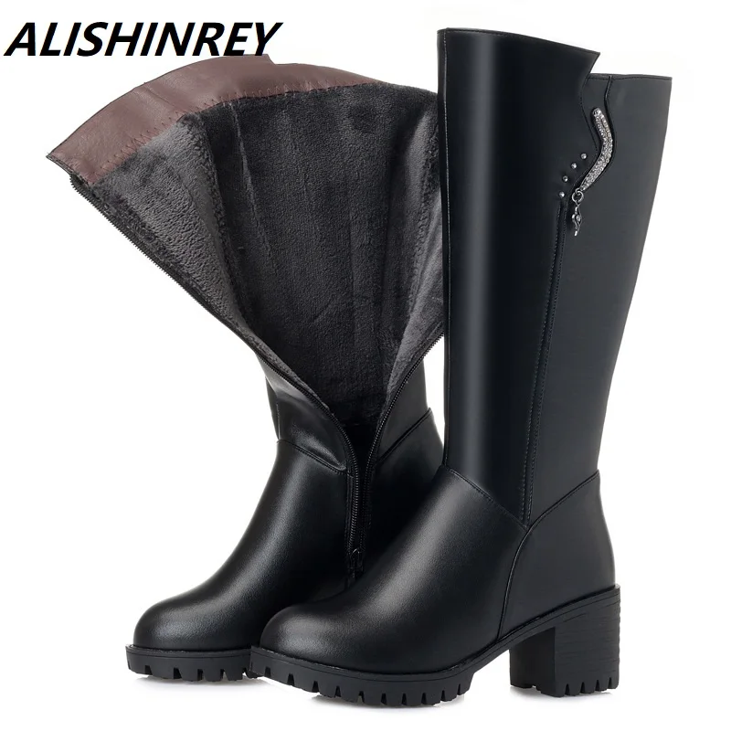 ALISHINREY/осенне-зимние женские теплые ботинки; женские ботинки из натуральной кожи на толстом каблуке; высокие ботинки в байкерском стиле; женские ботинки