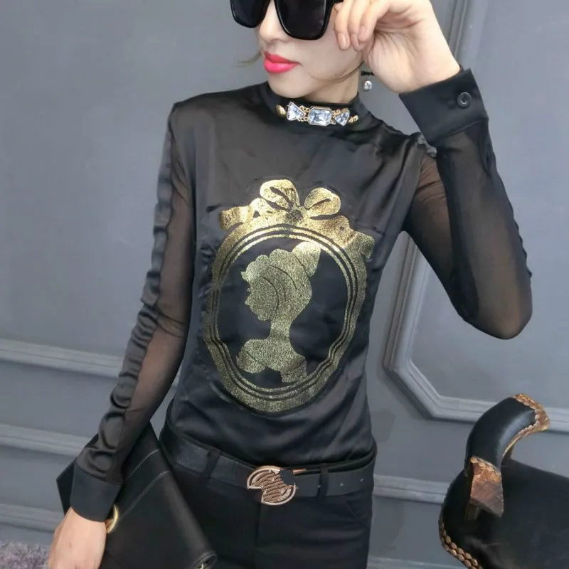 

2018 Spring Sexy Long Sleeve Stand Collar Gemstones Black T-shirts Women Sexy Bead Work Black Satin T-shirts Women Satin Tops