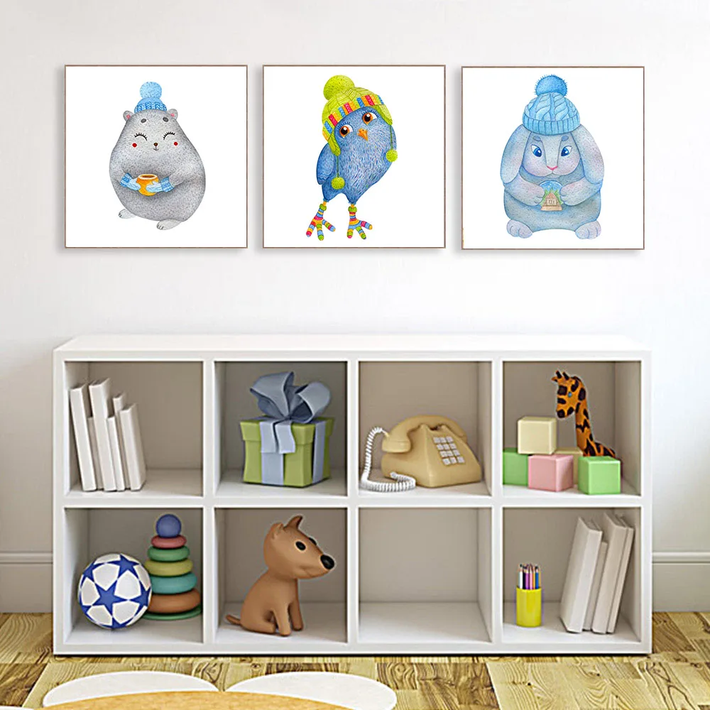 Watercolor-Modern-Cottage-Kawaii-Animals-Deer-Fox-Canvas-Art-Print-Poster-Nursery-Wall-Picture-Kids-Room