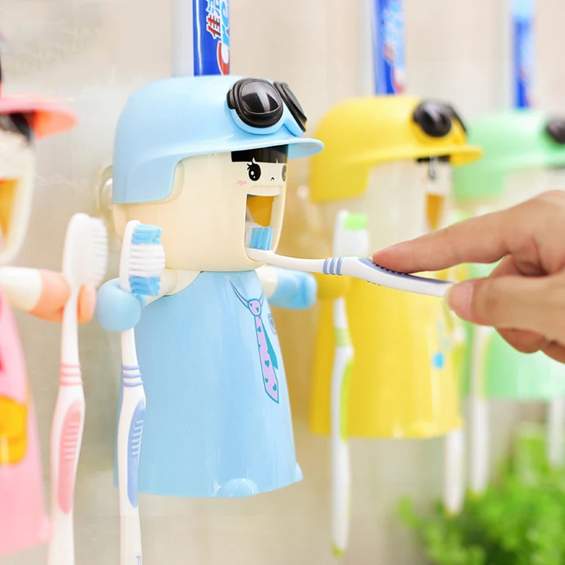 

Bathroom Automatic Toothpaste Dispenser Cute Cartoon Toothbrush Storage Holder Wall-Mounted Squeezer No Trace Paste