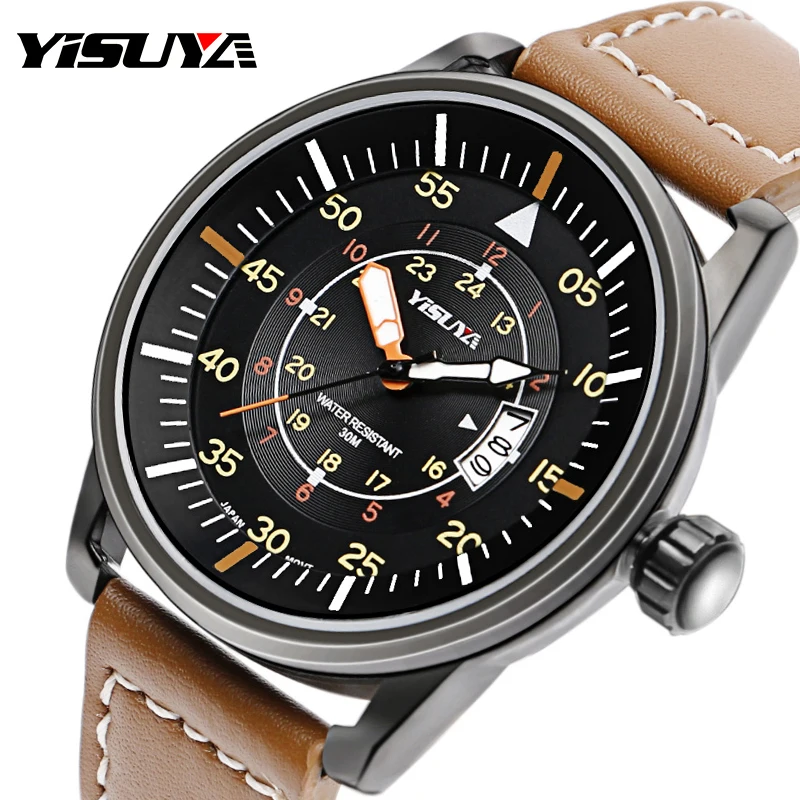 

YISUYA Mens Sports Watch Japan Quartz Movement Luxury Aviator 3ATM Water Resistant Wrist Watch Genuine Leather Band Analog Male