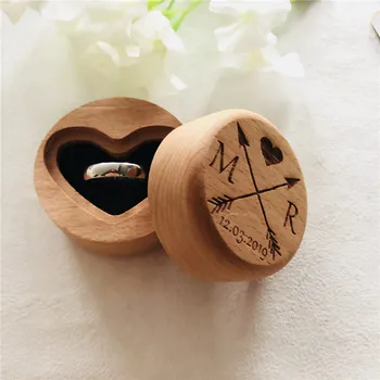 

Personalised Wedding Heart Ring Box Wedding Gift Ring Bearer Box Round Wood Jewellery Custom Mr & Mrs Box