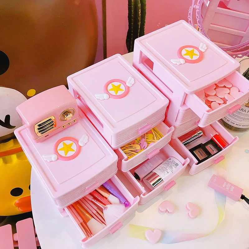Pink Cartoon Girl Cosmetic Storage Box Dressing Table Desktop Jewelry Lipstick Makeup Organizer Drawer Sundries Container
