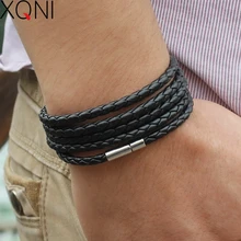XQNI-pulsera larga de cuero para hombre, brazalete masculino con cadena de eslabones, color negro, estilo retro, con 5 vueltas