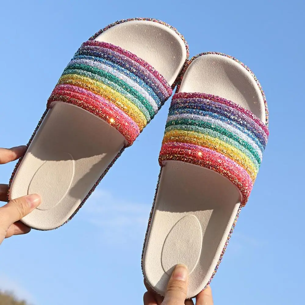 Обувь с блестками Женские разноцветные тапочки zapatos de mujer Летние пляжные шлепанцы