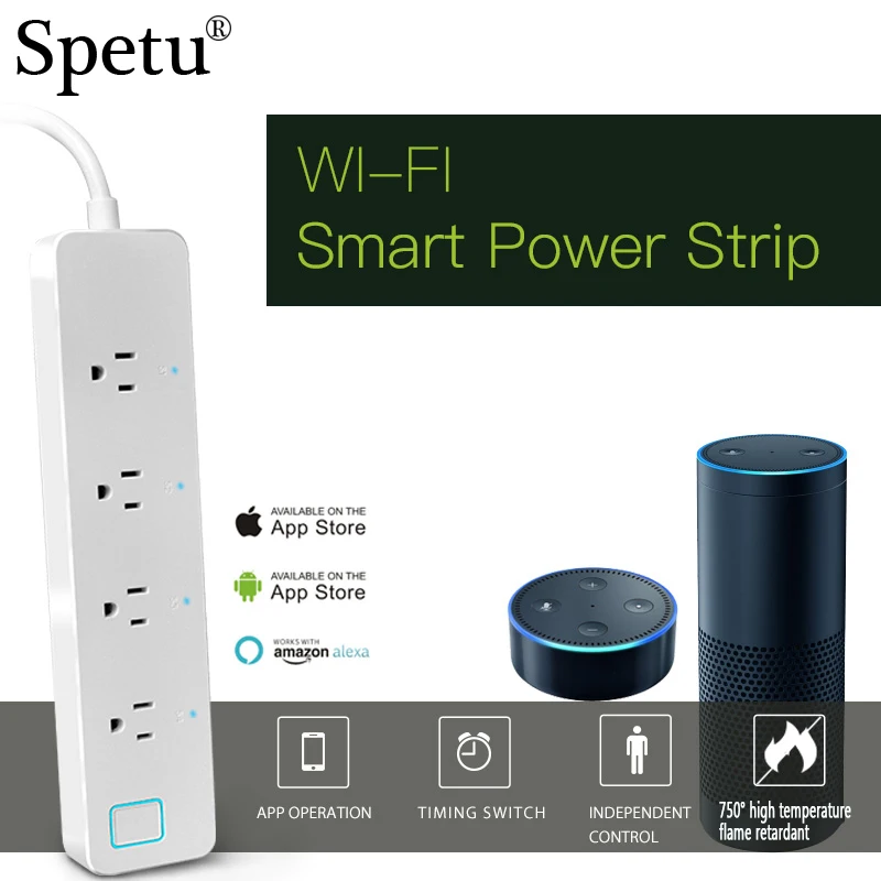 

Spetu US Smart WiFi Power Strip Surge Protector 4 Outlet Wireless Power Extension Socket Works with Amazon Alexa Echo