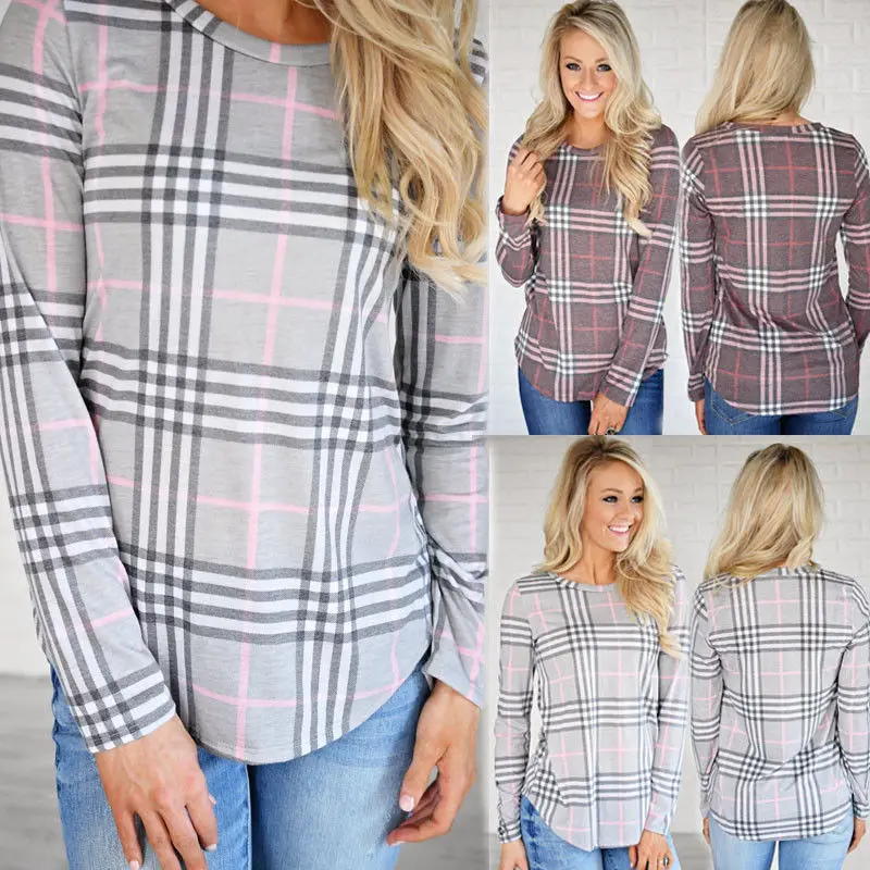 

2018 New Fashion Women T-Shirts Long Sleeve Plaid 2 Style T Shirts Casual New Outwear For Women