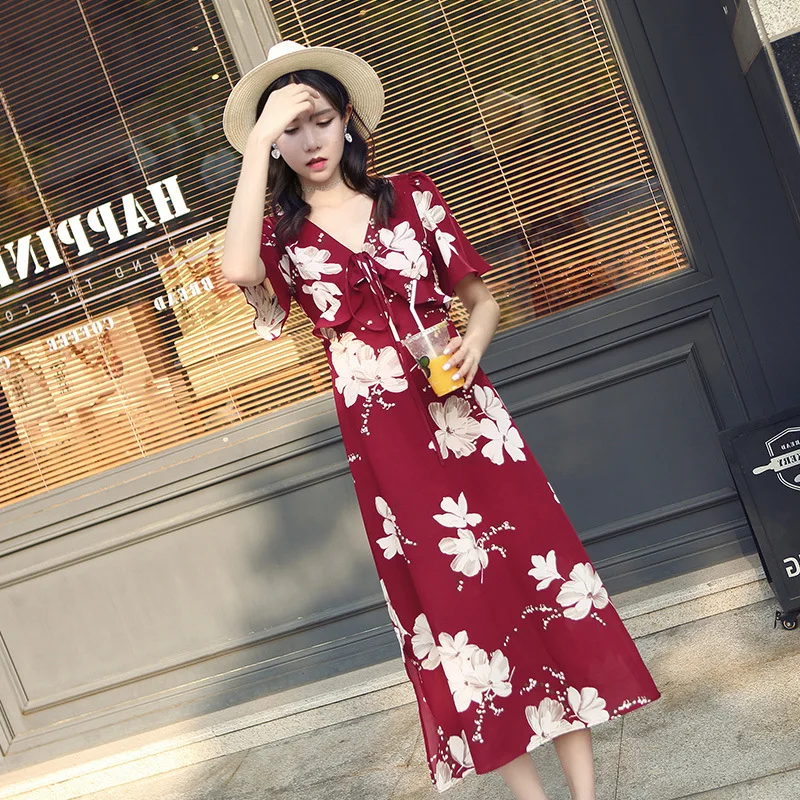 

INS Super Fire dress female V collar skinny red shredded flower beach Dress seaside holiday strap cute red Flowers Dress