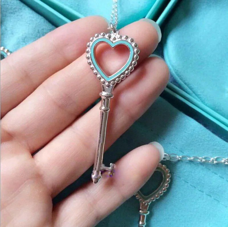 

Blue Enamel Love Heart Key Pendant Necklace Women 100% Solid Real Sterling Silver 925 Free Chain & Box Top Quality Bijou Gifts