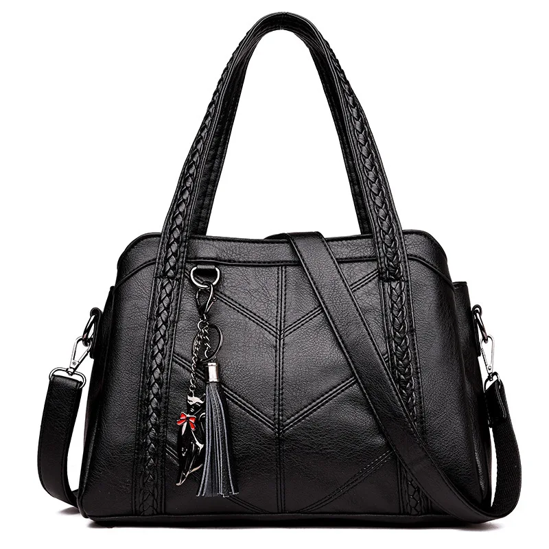 Hot Women Handbag Genuine Leather Tote Bags Tassel Luxury Women Shoulder Bags Ladies Leather Handbags Women Fashion Bags - Цвет: Black