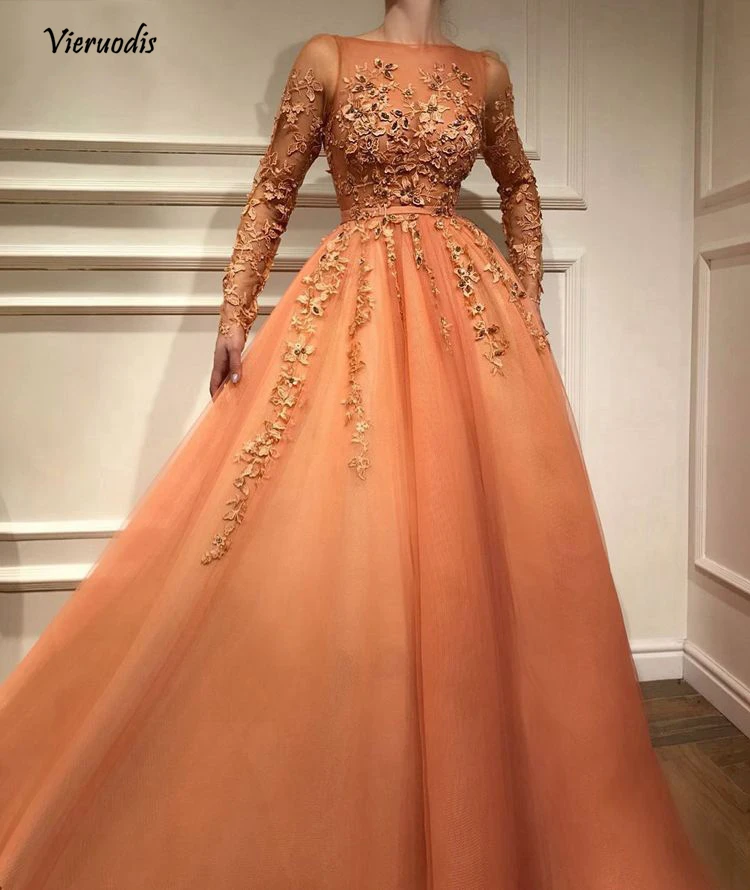 17-1 Fashion Pretty Lace Evening Dress With Full Sleeves Abiye Muslim Long A-line Prom Gowns Colorful Appliques Abendkleider