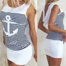 Women s Fashion Sexy Anchor Stripe Sleeveless O neck Skirts Bodycon Mini Dress