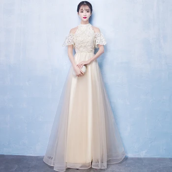 

Noble Champagne Banquet Formal Dress Floor Length Elegant Female Evening Party Gowns Novelty Halter Bridesmaid Vestidos XS-XXL