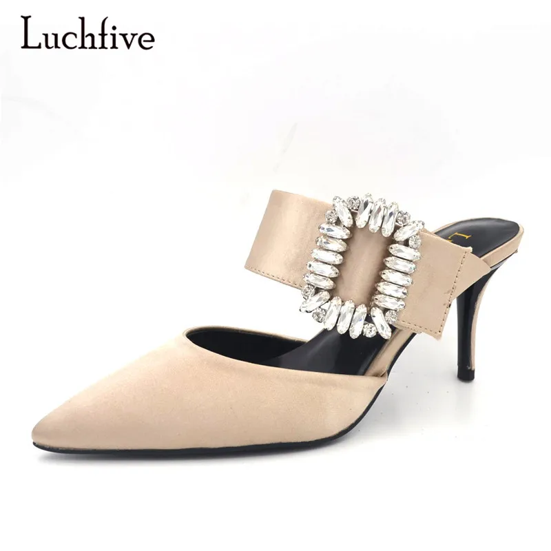 Luchfive High Heel Women Shoes satin silk Mules rhinestone decor