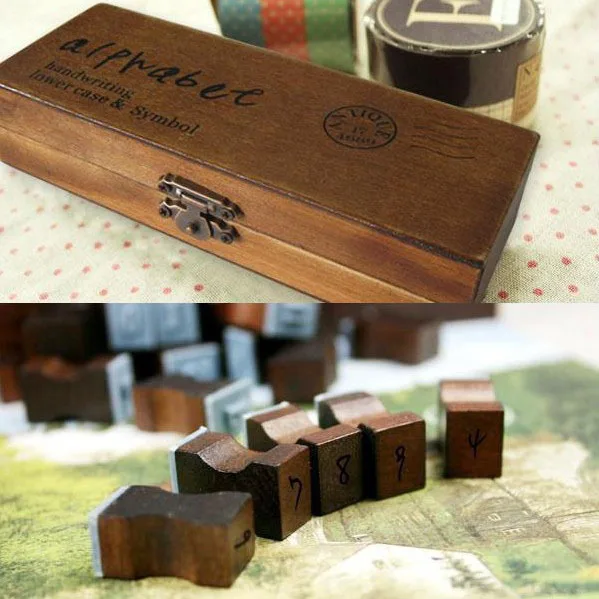 

Anglais Cursive Digital English Stamp Wooden AlPhaBet Craft Letters Vintage Wooden Gift Box Seal Combination Lowercase (42Pcs)