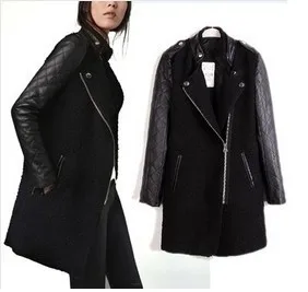 

New PU Leather women Jacket Black Lamb Stitching Windcoat Overcoat Sleeve Patchwork collar Coatsplicing