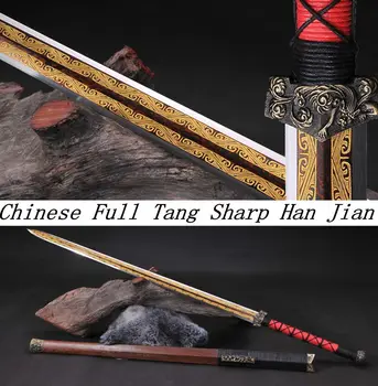 

Hand Grinding Double Edge Sharp Chinese Han Dynasty Battle Sword Jian/Folded Red Pattern Gilt Blade Full Tang/Pear Wood Scabbard