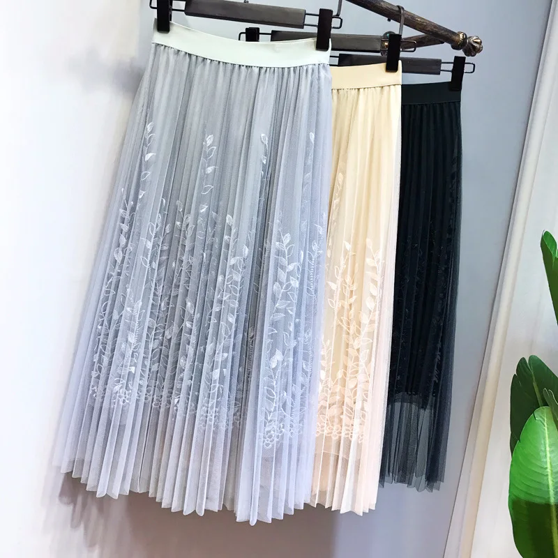 Весенне-летняя кружевная сетчатая юбка с вышивкой, Женская плиссированная юбка в богемном стиле с высокой талией до середины икры для девочек