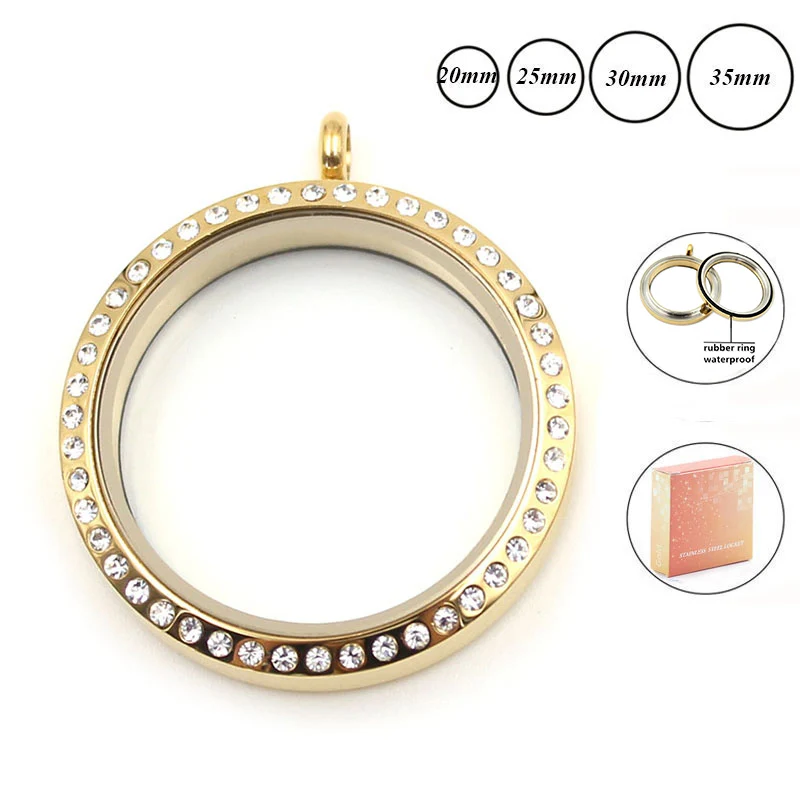 

Wholesale waterproof locket 20mm 30mm 35mm gold 316L stainless steel twist floating locket pendant with crystals