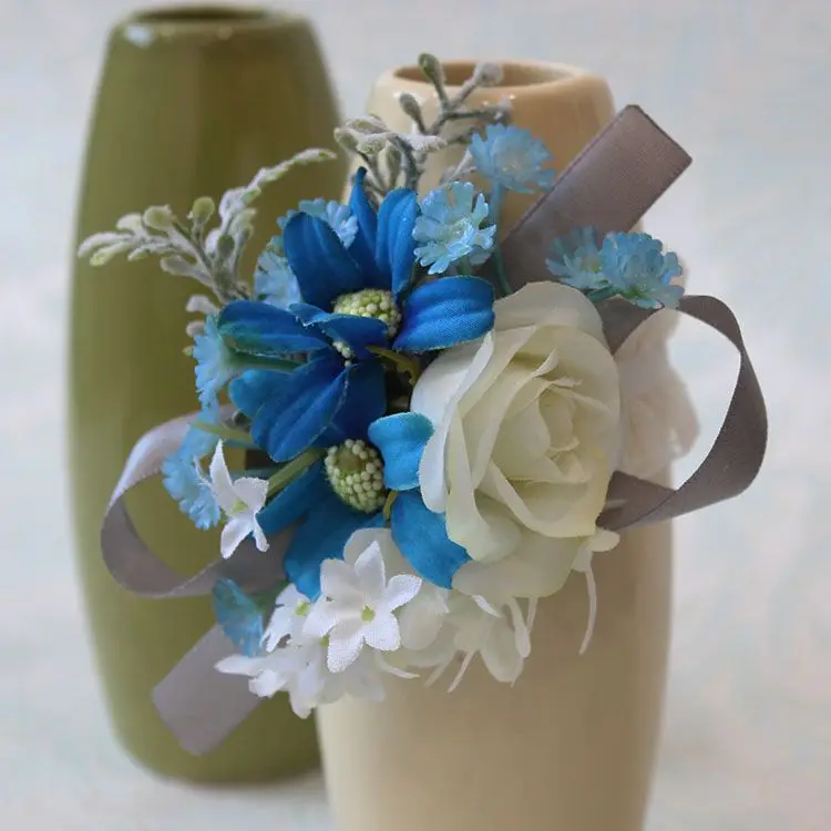 Свадебные цветы цвета слоновой кости темно-синий Серебряный цветок на запястье для подружки невесты искусственный многоцветный ручной работы фотография цветок ZHF05