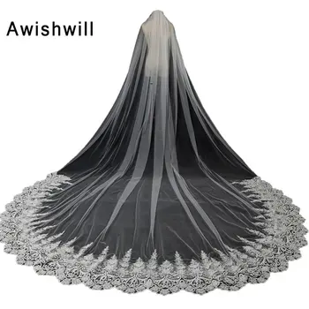 

100% Real Picture One Layer Flower Lace Edge With Comb Long Bridal Veils 5 Meters Cathedral Wedding Veils