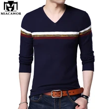 MIACAWOR, новинка, осенне-зимние шерстяные свитера, Полосатый пуловер, мужской вязаный свитер с v-образным вырезом, приталенный пуловер для мужчин, верхняя одежда Y070