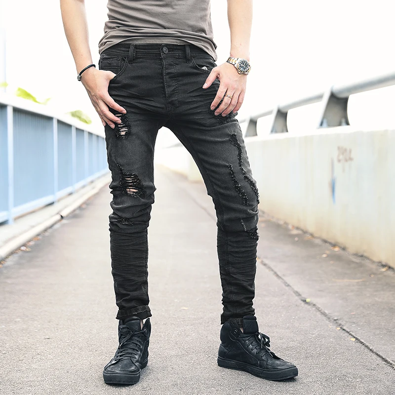 Fashion Streetwear Men Jeans Black Color Spliced Designer High Quality Hip Hop Denim Cargo Pants Big Size 29-42 Biker | Мужская одежда