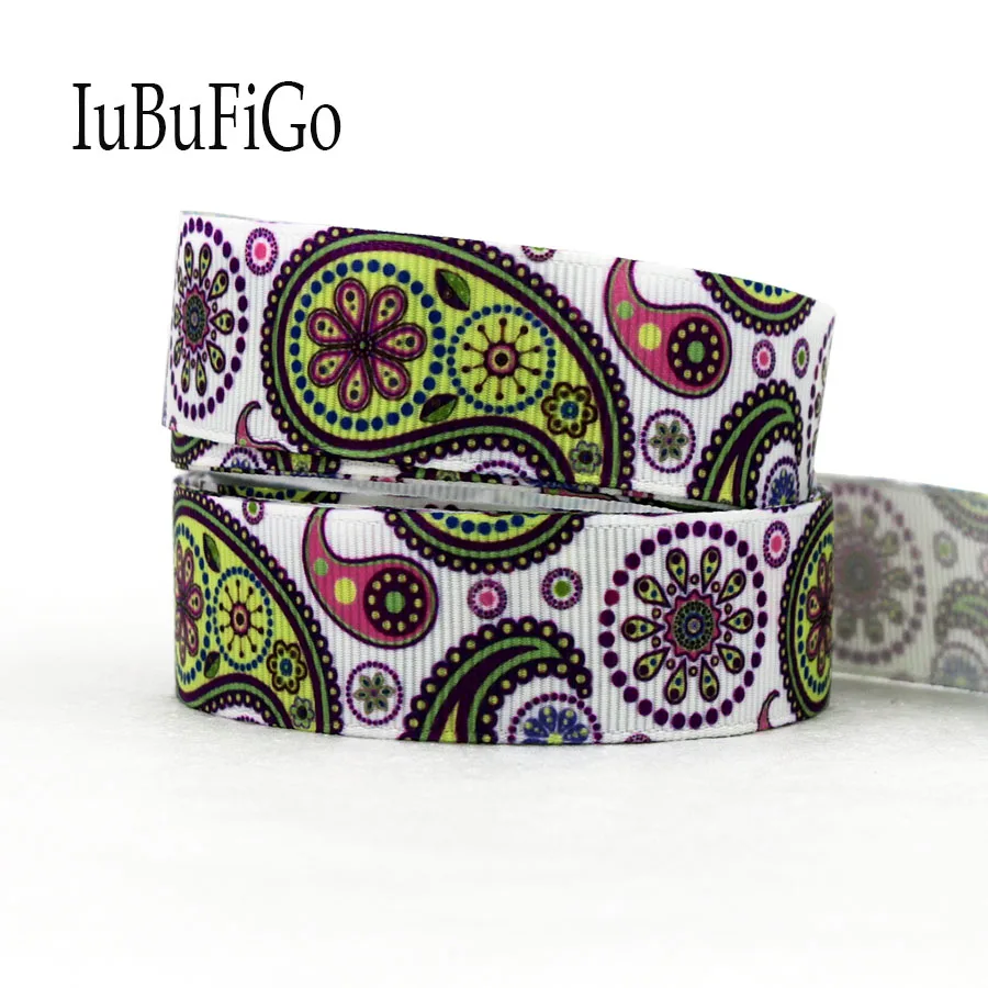 

[IuBuFiGo] 50 yards 7/8" 22mm Paisley flowers Printed Grosgrain Ribbon Polyester ribbons DIY bowhair handmade Tape