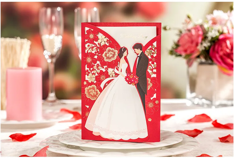 1 Набор, красные роскошные свадебные пригласительные открытки с цветочным рисунком, элегантные Пригласительные открытки для жениха и невесты, конверты, украшения для свадебной вечеринки - Цвет: 1 invitation card