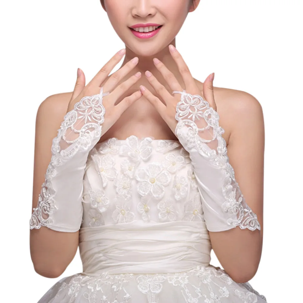 Women Elbow Fingerless Gloves With Beading Evening Party Elegant Floral