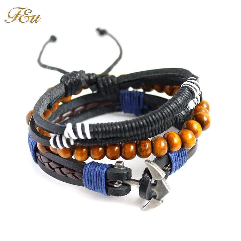 

F&U Multilayers Adjustable Size Leather Bracelet Anchor Bracelet for Men Beaded Bracelet Mixed A Lot to Sell