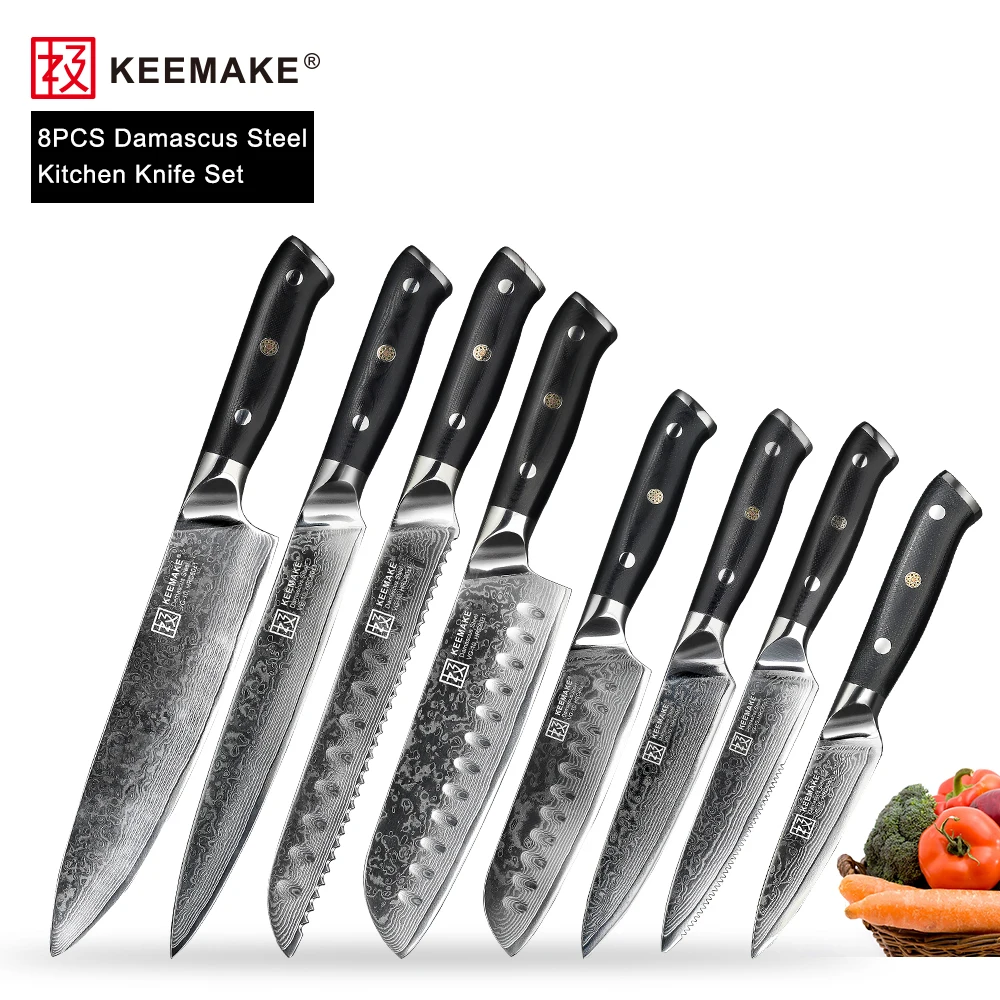 KEEMAKE 8 шт. набор кухонных ножей шеф-повара утилита Santoku стейк ножи дамаск VG10 стальное ядро острое лезвие G10 Ручка режущие инструменты