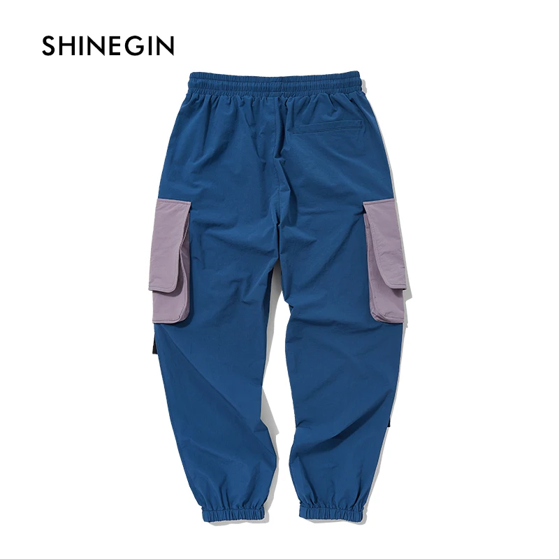 SHINEGIN Swag Ribbon Pants Hip Hop Cargo Pant Streetwear Men Harem Pants Patchwork Multi Pocket Trousers Casual Tatical Pants