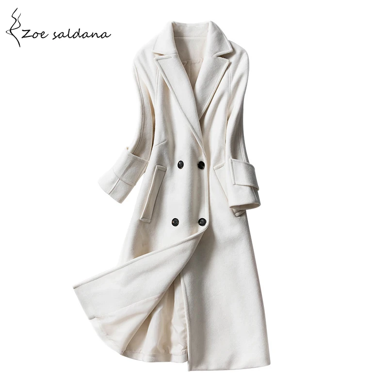

Zoe Saldana 2019 Women's Fashion Turn-down Collar Autumn Jacket Casual Black White Wool Blend Warm Trench Coat