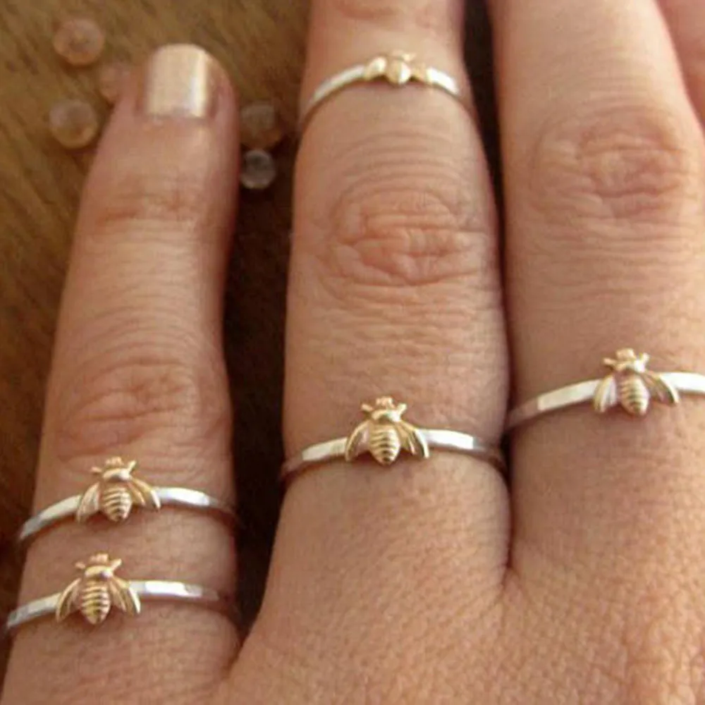 

2019 New Simple Tiny Silver Color Bee Ring Gold Hammered Band Stacking Rings Jewelry for Women Wedding Party Gift Bague Femme