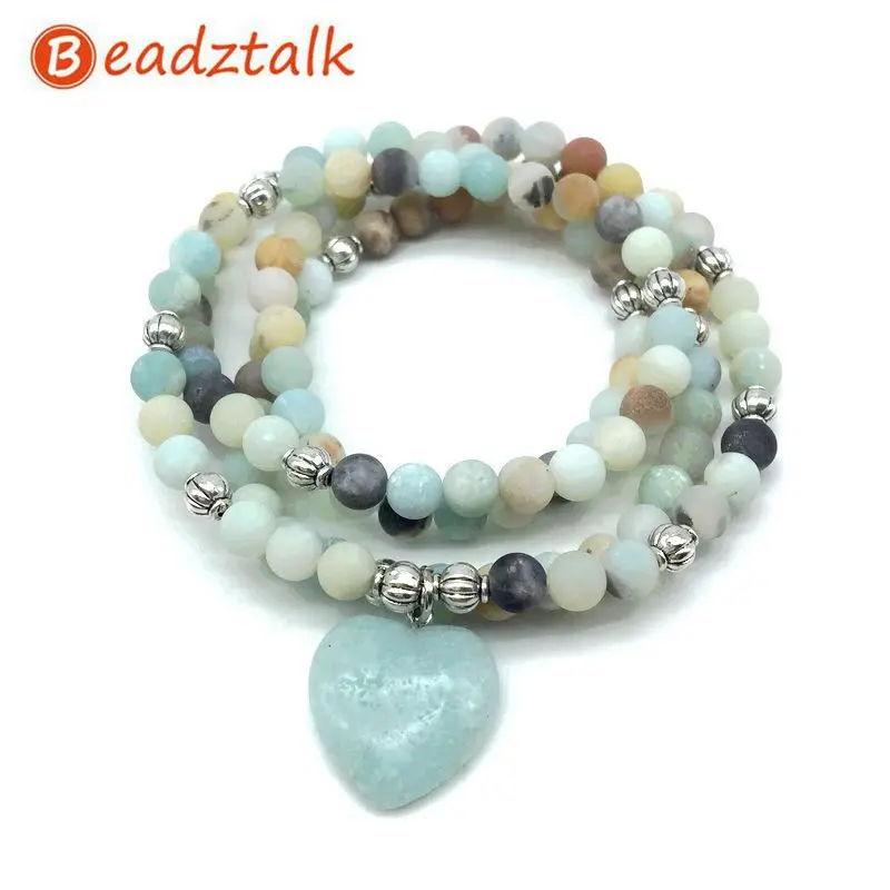 

Fashion Women`s Matte Frosted Amazonite 108 Mala Beads Bracelet or Necklace High Quality Matching Heart Charm Yoga Bracelet