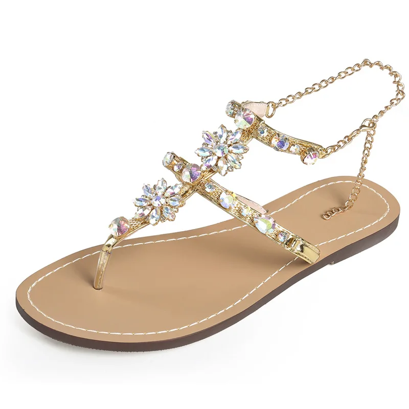 New Chain Crystal flat women Sandals gladiator Sexy Rome flip flops slippers fashion ladies summer shoes plush size NBT1000 3