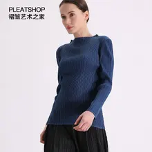 Miyake моды раза с длинными рукавами slash шеи Однотонная футболка женщин